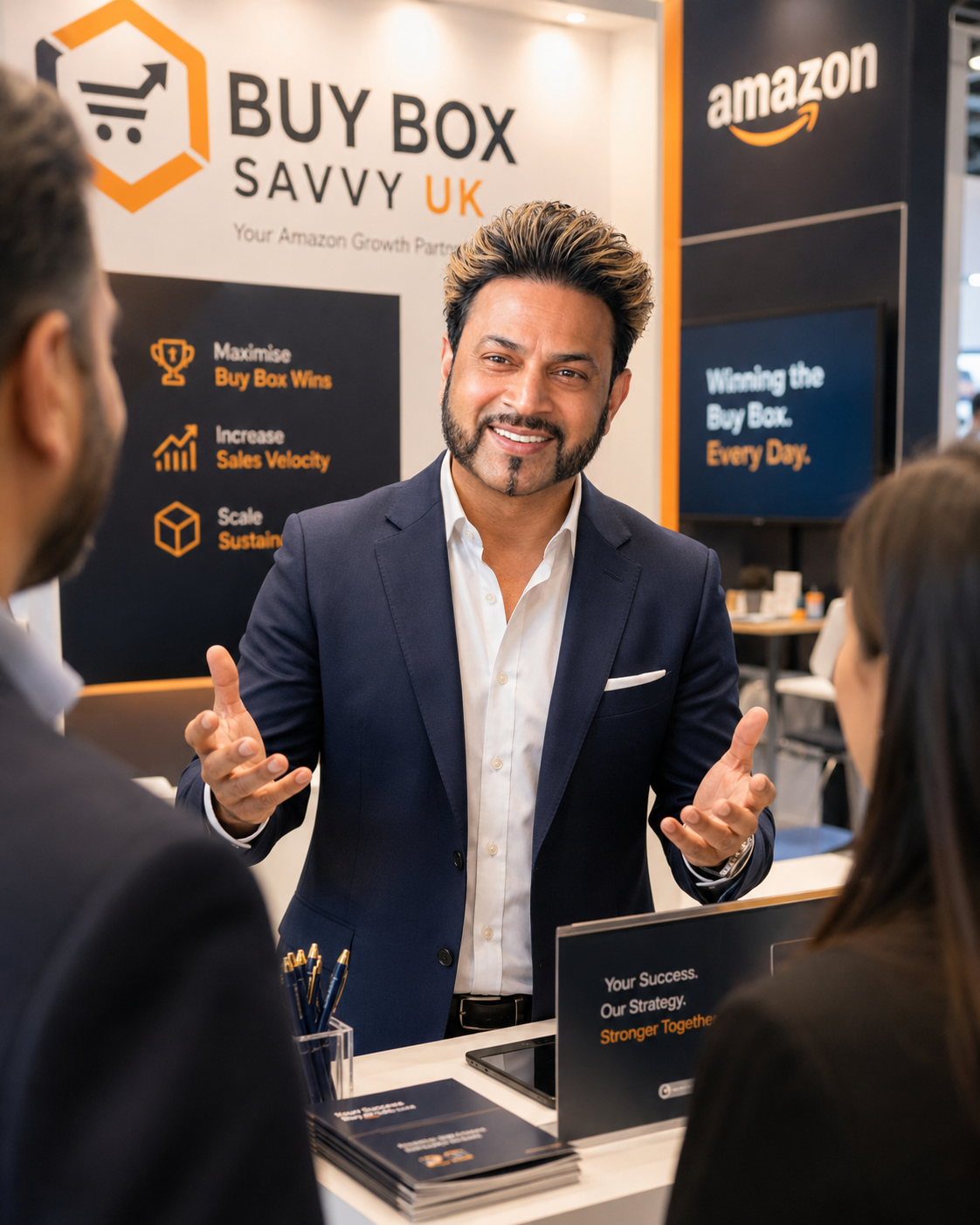 Billy Kukadia explaining e-commerce growth strategy at a Buy Box Savvy UK stand.